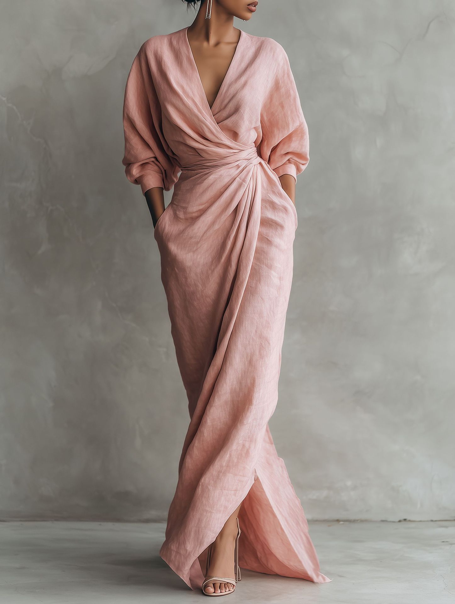 Linen Dress Wrap - Женское льняное платье макси с V-образным