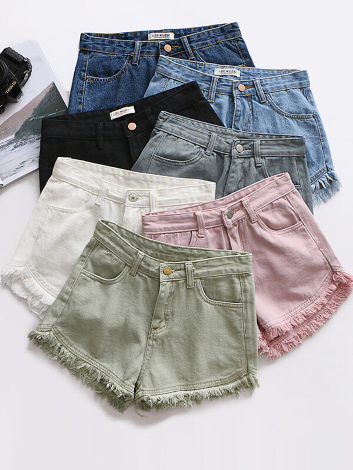 Shorts Denim Frayed - Женские джинсовые шорты с высокой талией,