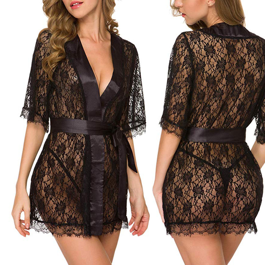 Kimono Sheer Floral - Кружевная ночная сорочка с V-образным вырезом